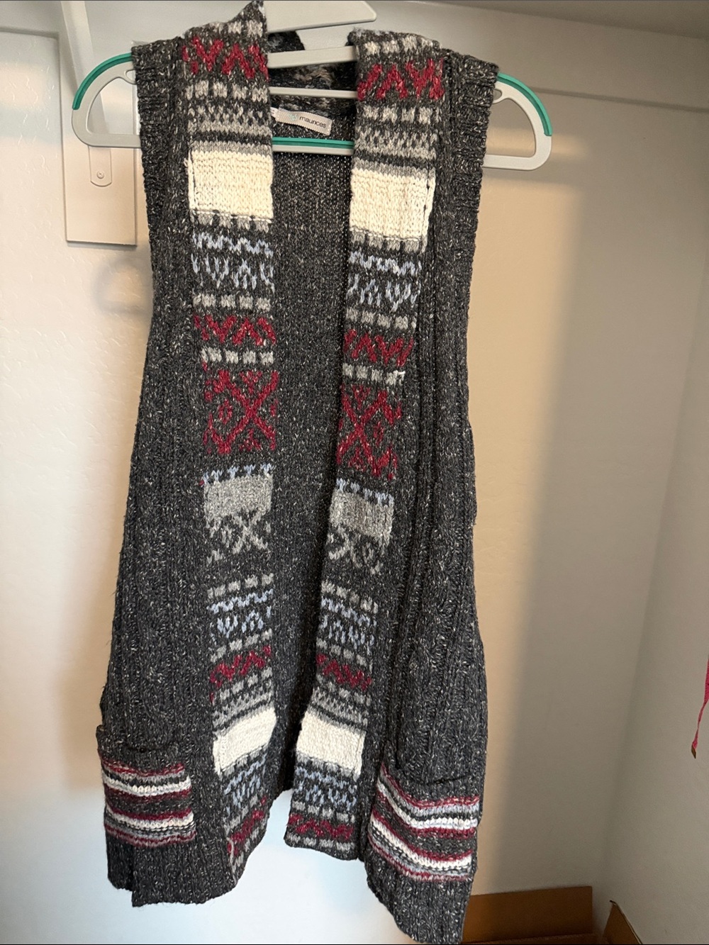 Maurices Charcoal Knit Open-Front Vest with Red & Cream Fair Isle Trim